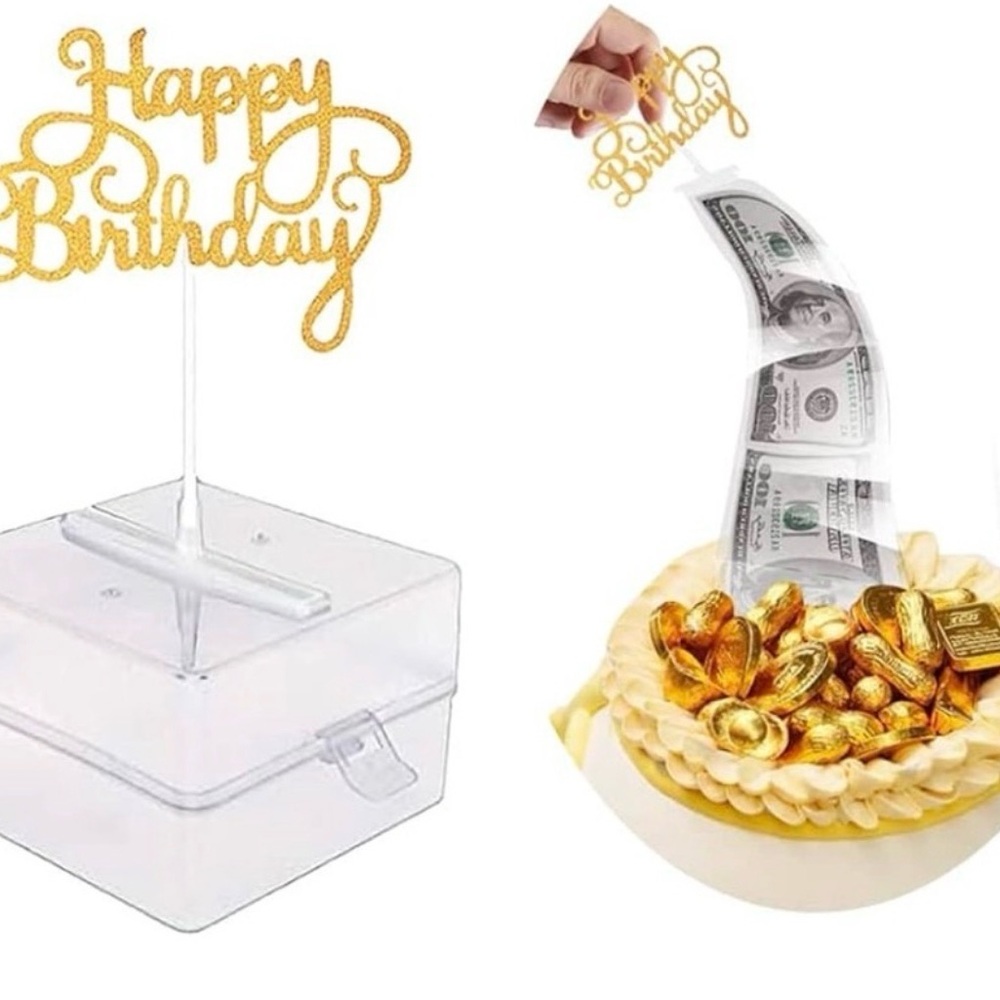 Gold Happy Birthday Cake Topper with Money Box